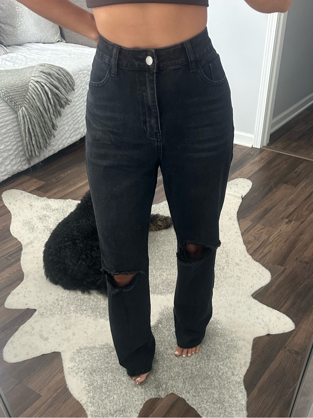 High-Rise Black Distressed Straight-Leg Jeans - size 28 long